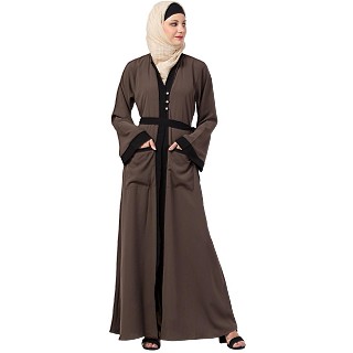 Front open abaya with black border- Brown 